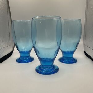 *CRISTAR AQUA TURQUOISE SKY BLUE FOOTED WATER GOBLETS GLASS 12 Oz 5.25" Set of 3